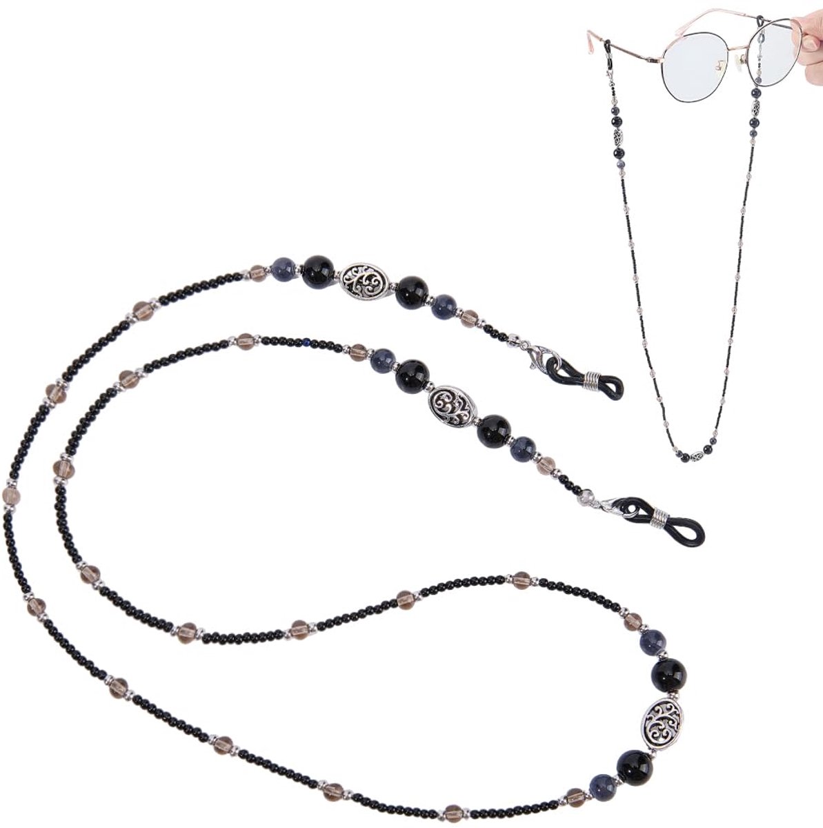 1 doos vintage ketting met kristallen kralen en zwarte stenen voor bril en zonnebril, om de hals of met een koord, leesaccessoires voor dames en heren