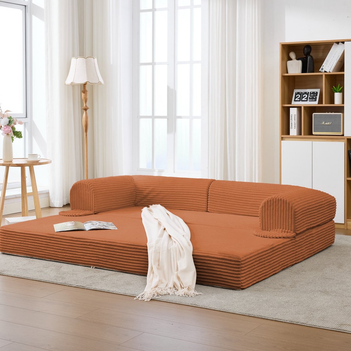 MIVRAY Slaapbank 190 x 78 x 65 cm - 2-in-1 2-Zits Bedbank Uitklapbaar Voor Woonkamer En Logeerkamer - Cordstof Oranje