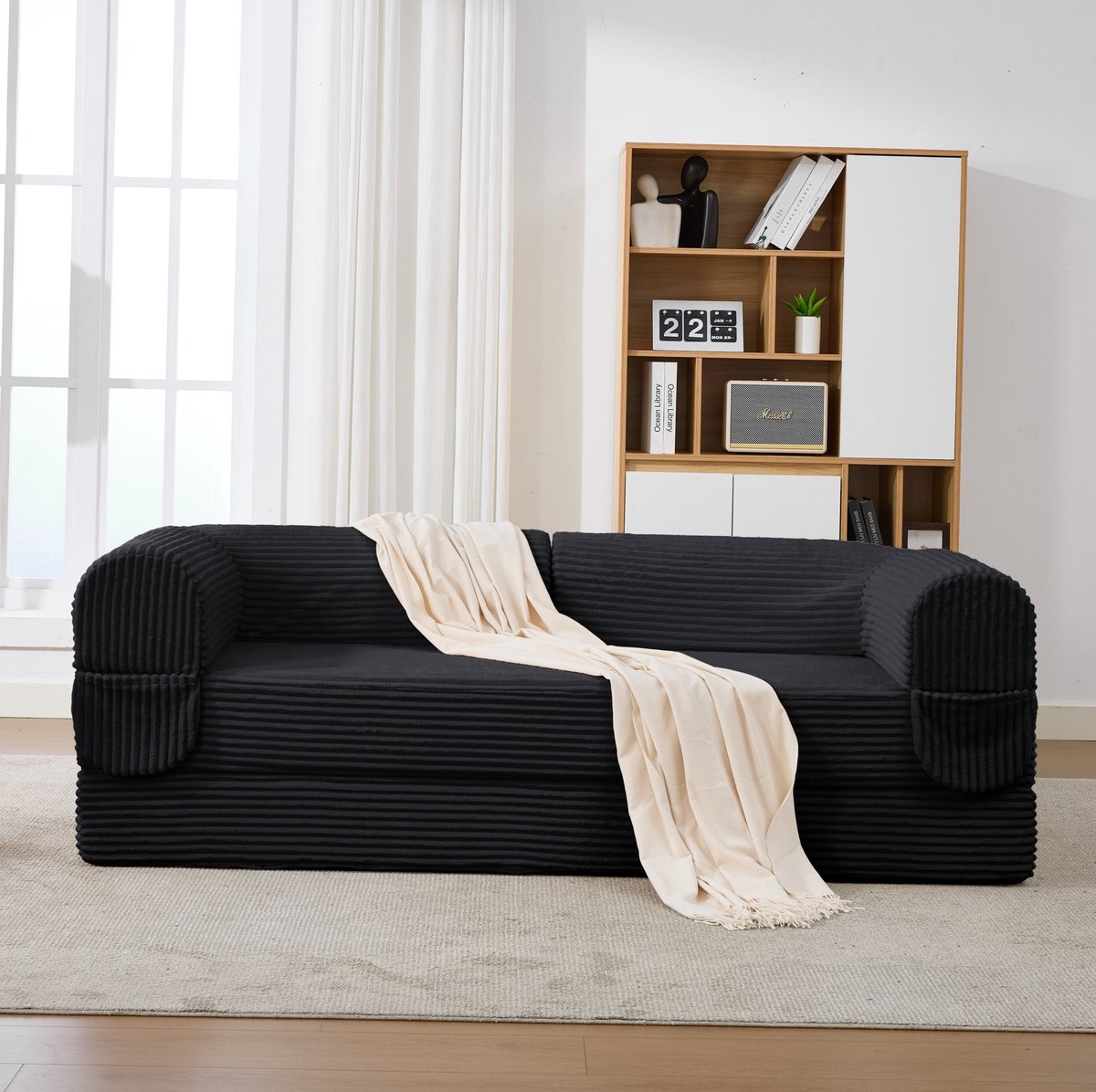 MIVRAY Set 190 x 78 x 65 cm - Modulaire 1-Zits En 2-Zits Bodembank Zonder Frame - Voor Woonkamer En Slaapkamer - Cord Zwart