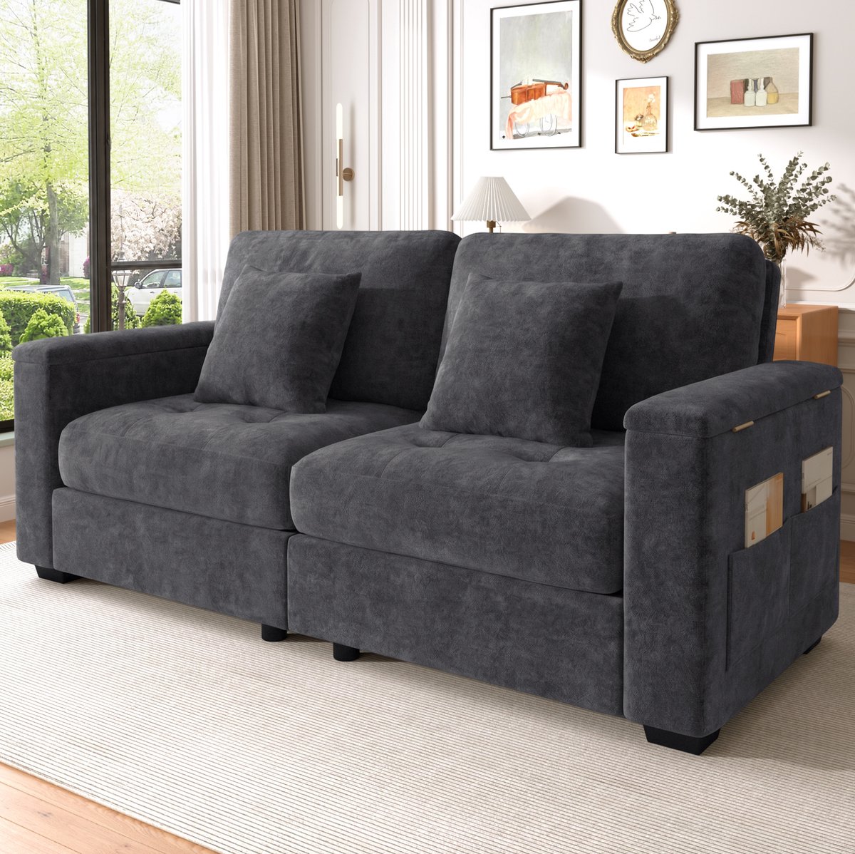 MIVRAY Bank 180 Cm - Moderne 2-Zits Zitbank Met Opbergruimte In Armleuning En 2 Kussens - Voor Woonkamer En Appartement - Chenille Donkergrijs