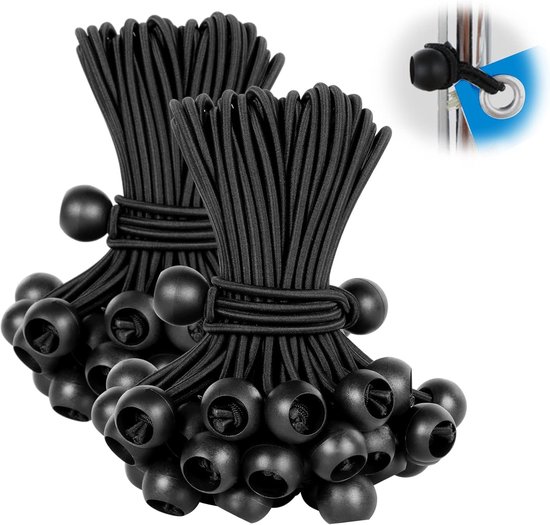 Twee bundels zwarte spanrubbers met bal aan het uiteinde.