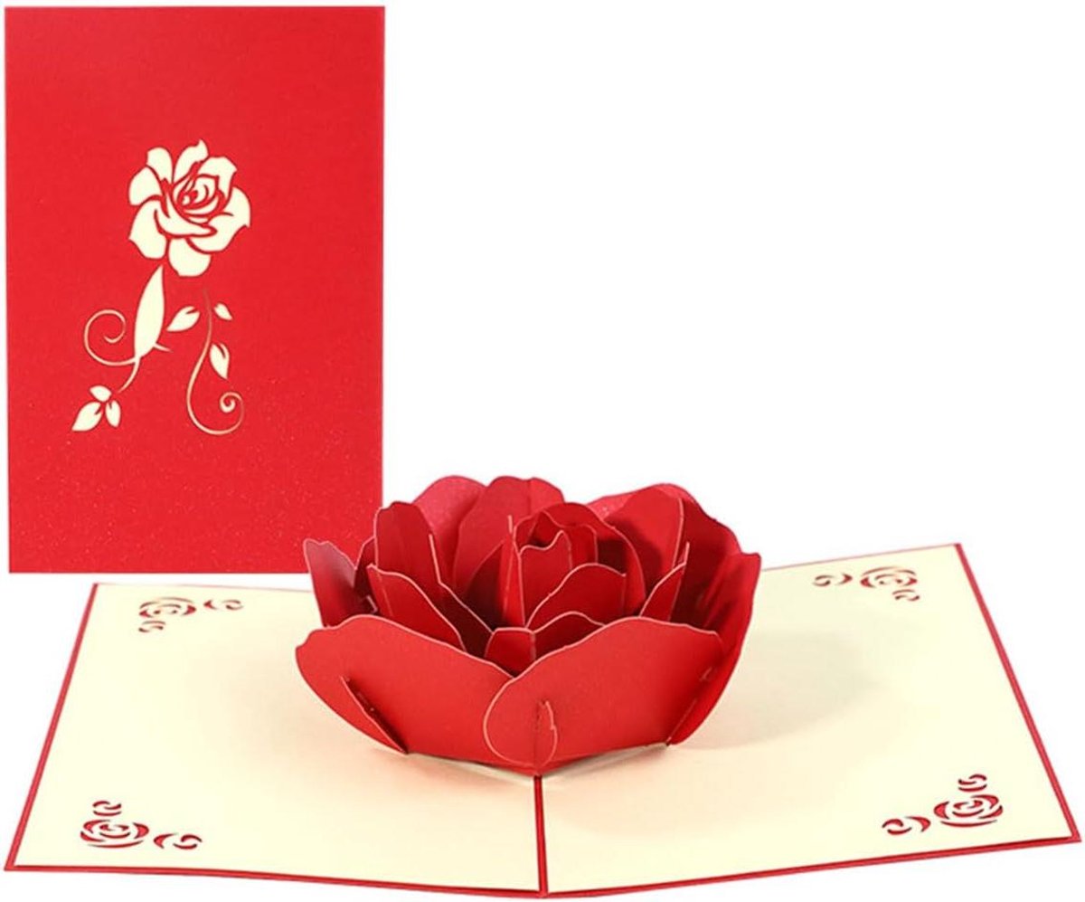 3D Pop-up Kaart - Wenskaart Valentijn Bruiloft - Gelegenheid Vieren - Handgemaakt Papiermodel - 15 x 10 cm - Roos