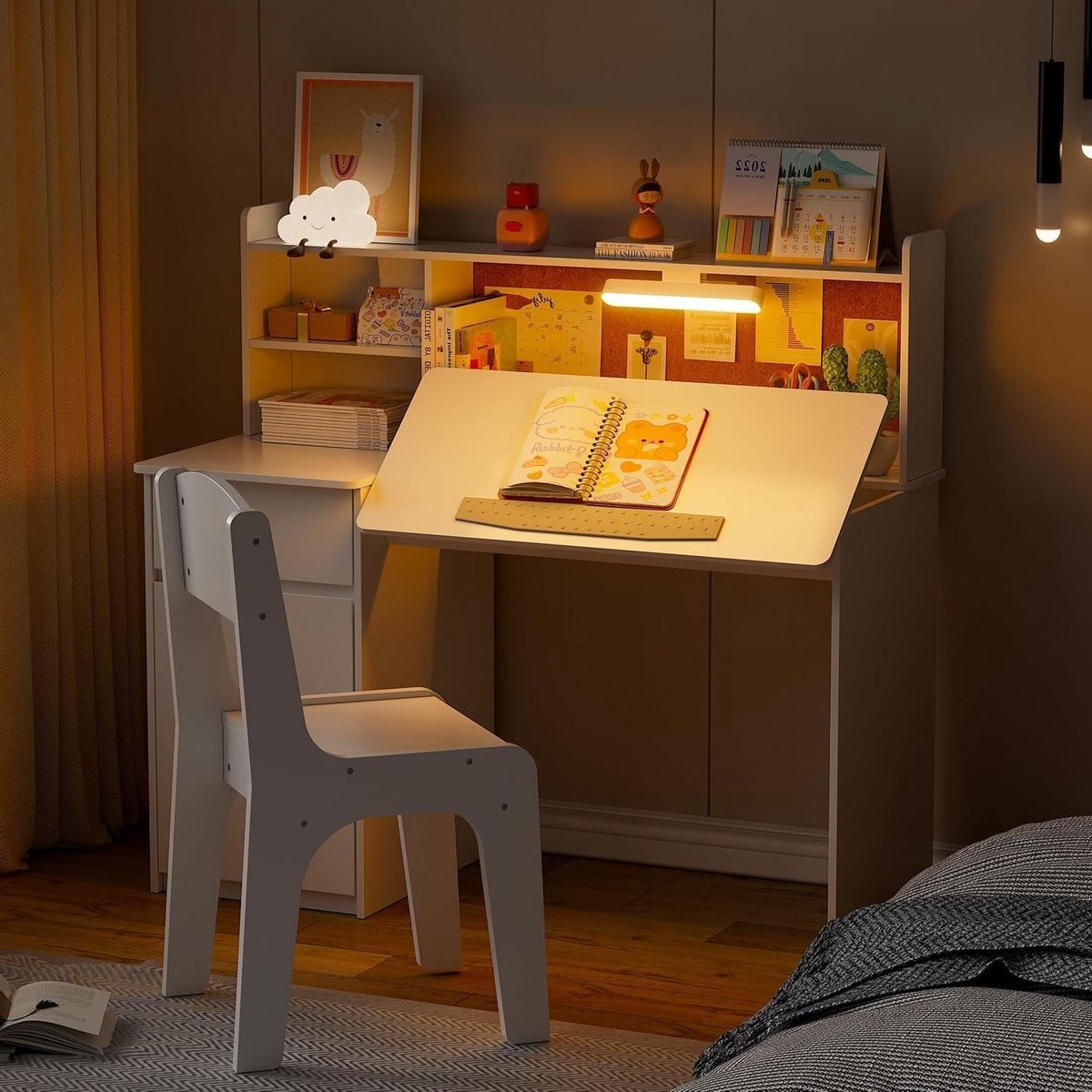 Kinderbureau met Stoel - Kindertafel Set - Leren en Lezen - Kantelbaar Tafelblad - 110 x 40 x 100 cm