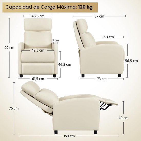 Relaxstoel Kunstleer - Leunstoel Fauteuil - Ontspannen Thuis - Verstelbare Voetensteun - 615 x 87 x 99 cm - Beige — afbeelding 4