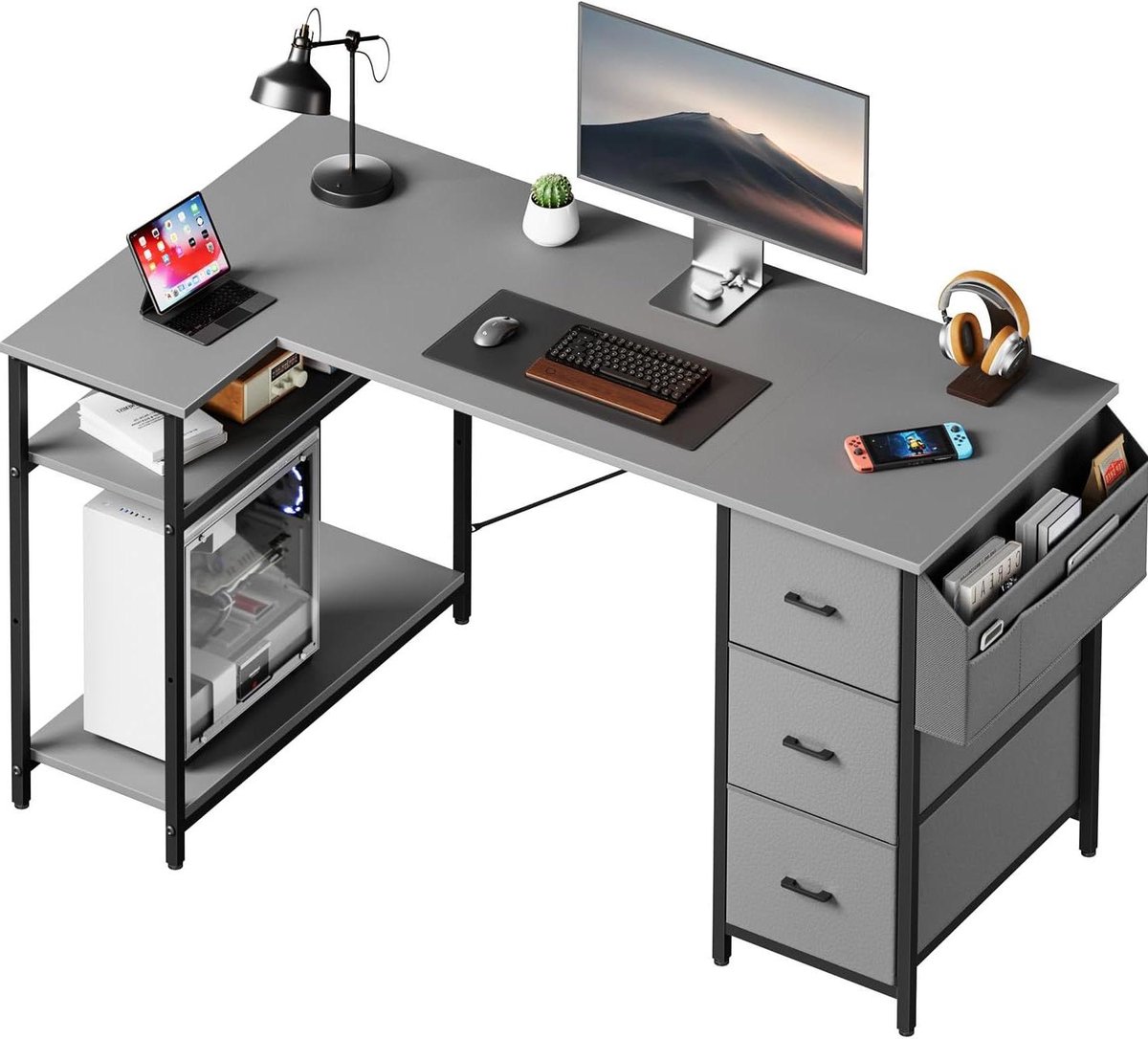 Hoekbureau L-vorm - Computertafel bureau - Kantoor thuis - Met 3 laden - 140 x 80 cm - Grijs