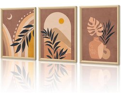 Boho Abstract Canvas Art - Geometrische Schilderijen Botanische Prints - Woonkamer Decoratie - Met Houten Frame - 3x 40x60cm