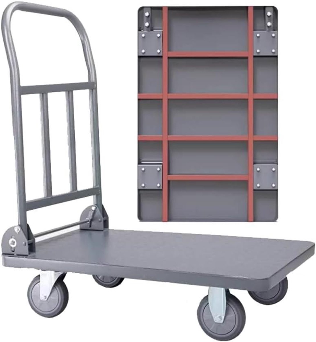 Platformwagen Transportwagen - Handwagen Steekwagen - Zware Lasten Vervoeren - Robuuste Stalen Constructie - 300 kg Draagvermogen - Grijs