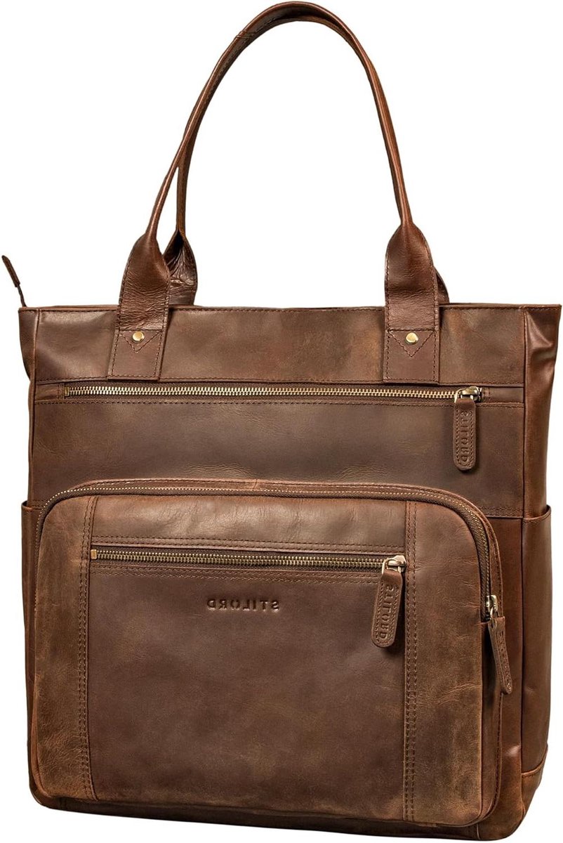 Leren Handtas Dames - Schoudertas Shopper - Dagelijks Gebruik - Laptop Vak 15.6 Inch - 38 x 37 cm - Bruin