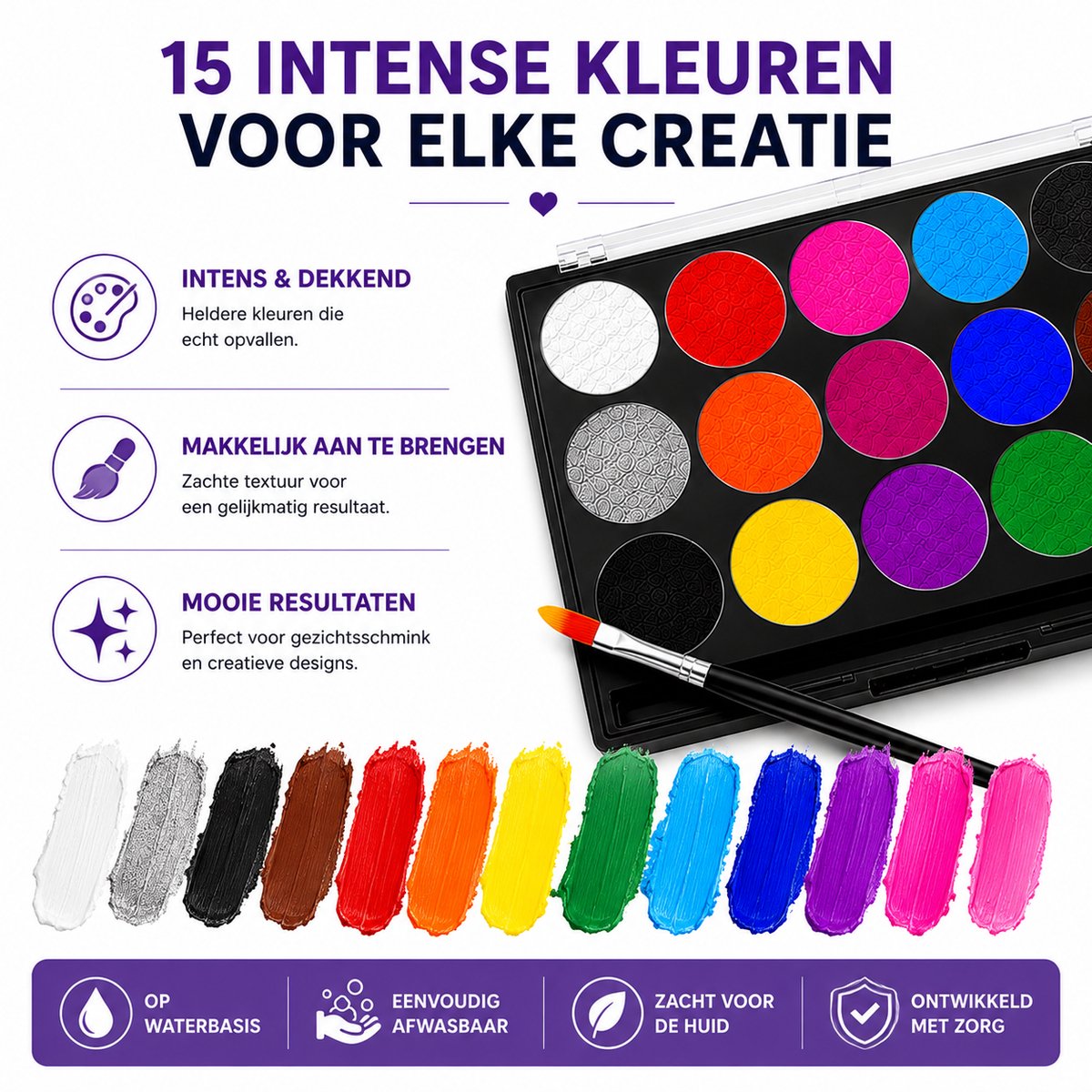 Joyage Schmink kinderen & volwassenen - Op waterbasis - Sjablonen en penselen - Schminkset Elf Make up Kinderen - Face paint palette - Grime Halloween Schmink palet wit - Kinderschmink voor grimas - Gezichtsverf grimeren - Smink sinterklaas cadeau — cadeau in Hobby - foto 4