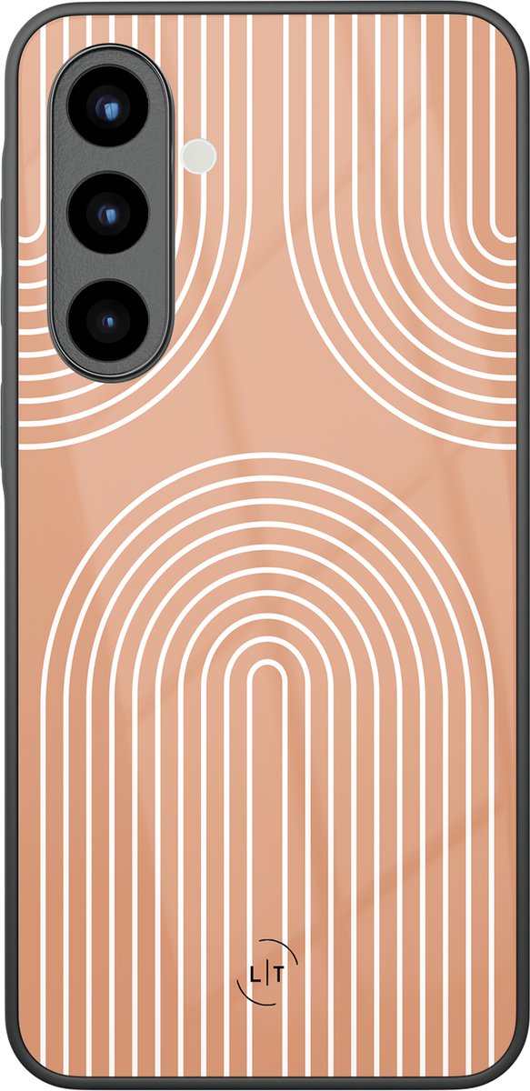 Hoesje geschikt voor Samsung Galaxy A56 - Peach geometry - Luxe Glazen Hardcase - Print / Illustratie - Oranje