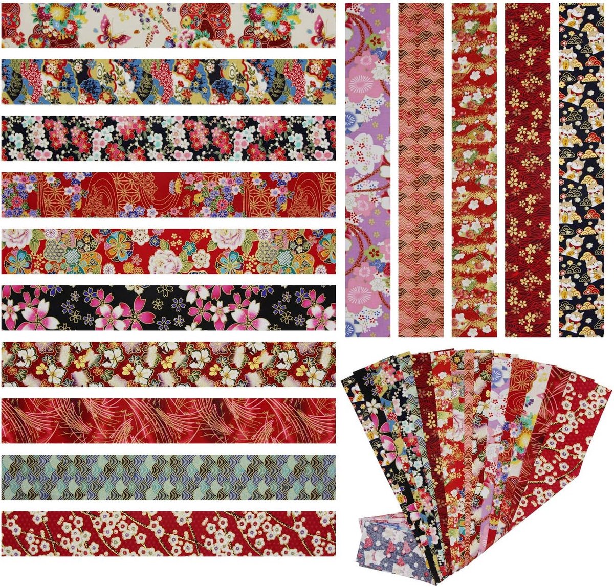aufodara 15 stuks Japanse stijl katoenen stroken lint bundel, bedrukt goudpatroon bronsdoek 6,5 x 50 cm, katoenen stoffen strips voor knutselen, naaien, quilten, doe-het-zelf kunsthandwerk (rood)