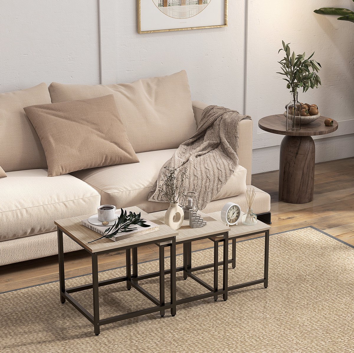 MEUNIQ 3-delige set bijzettafels 45 x 45 x 44 cm nesting tafelset met houtlook blad en zwart stalen frame voor woonkamer, zithoek of naast de bank in naturel