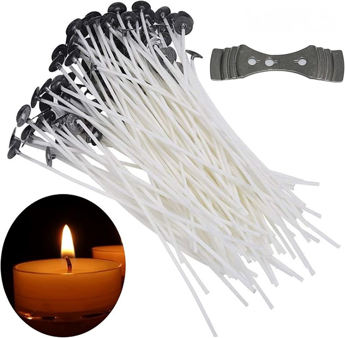 Wick Kaarsenlont, 100 stuks, 150 mm, 100% natuurlijk van biologisch katoen, met 1 lontenhouder voor het maken van kaarsen, doe-het-zelf kaarsen, 100 stuks