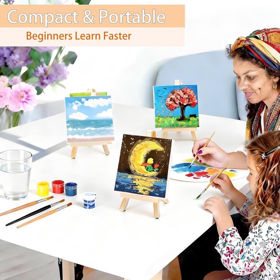 12 Stuks Mini Canvas met Schildersezel, voor Schilderen, Display, Fotoalbums en DIY Creaties, 10 x 10 CM Mini Canvas, 15 x 8 CM Houten Ezel, Opvouwbare Driehoekige Standaard — afbeelding 4