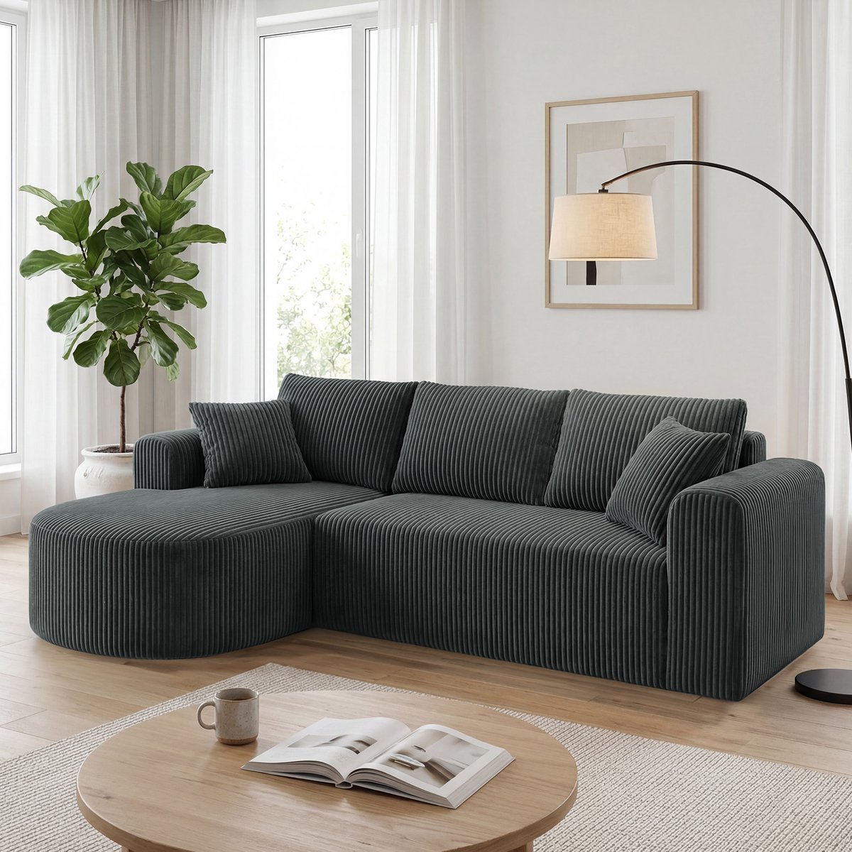 COMHOMA - Modulaire Hoekbank 263 cm - Corduroy L-vorm Slaapbank - Grijs