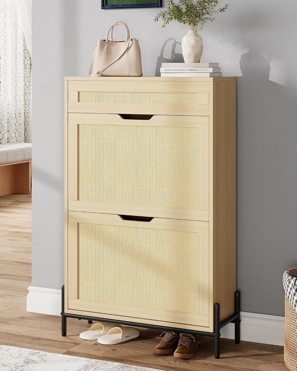 Boho Rotan Schoenenkast met Lade - Smalle Kast met 2 Kanteldeuren - Ruimtebesparend voor Hal & Gang - Houtlook / Rotan