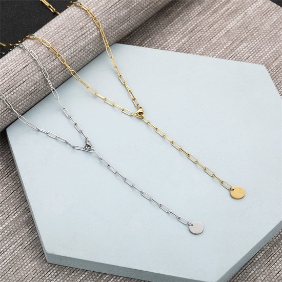 Y ketting goud/zilver/roségoud dames verstelbare filigraan ketting vrouwen ankerketting met munt hanger, Roestvrij staal, — afbeelding 3