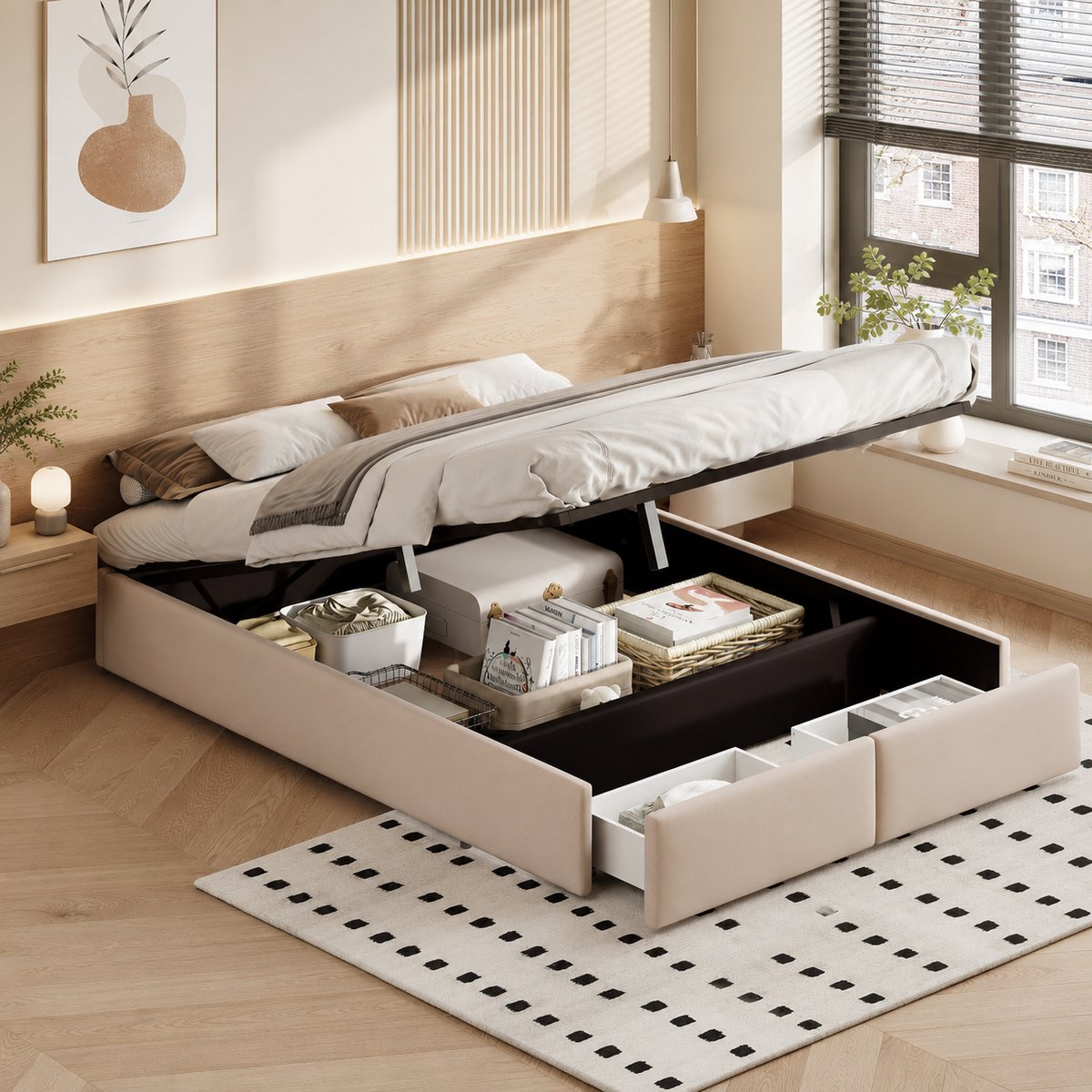 MEXUS Opbergbed 140x190 cm met 2 lades, tweepersoonsbed met lattenbodem, gestoffeerd logeerbed, bedframe 140x190 cm, Linnen Beige (hoofdbord niet inbegrepen)