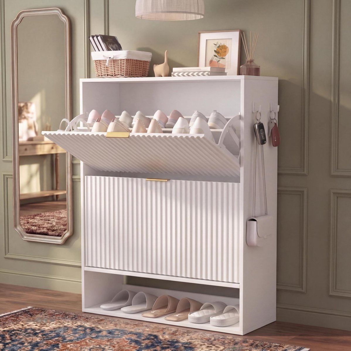 Schoenenkast Smal met 2 Kleppen en Open Onderplank - 80x30x102cm - Schoenenrek Modern - Schoenenmeubel Fluted - Zijhaken - Vrijstaand - Ruimtebesparend - Voor Hal Gang Woonkamer - Wit
