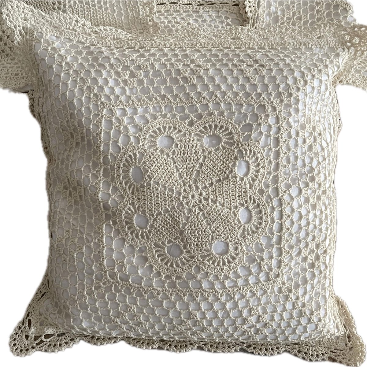 Katoenen handgehaakte kanten sierkussen kussenhoes decoratieve handgemaakte kussensloop 39,9 x 39,9 cm bloemenpatroon vintage landelijke stijl (B Beige)