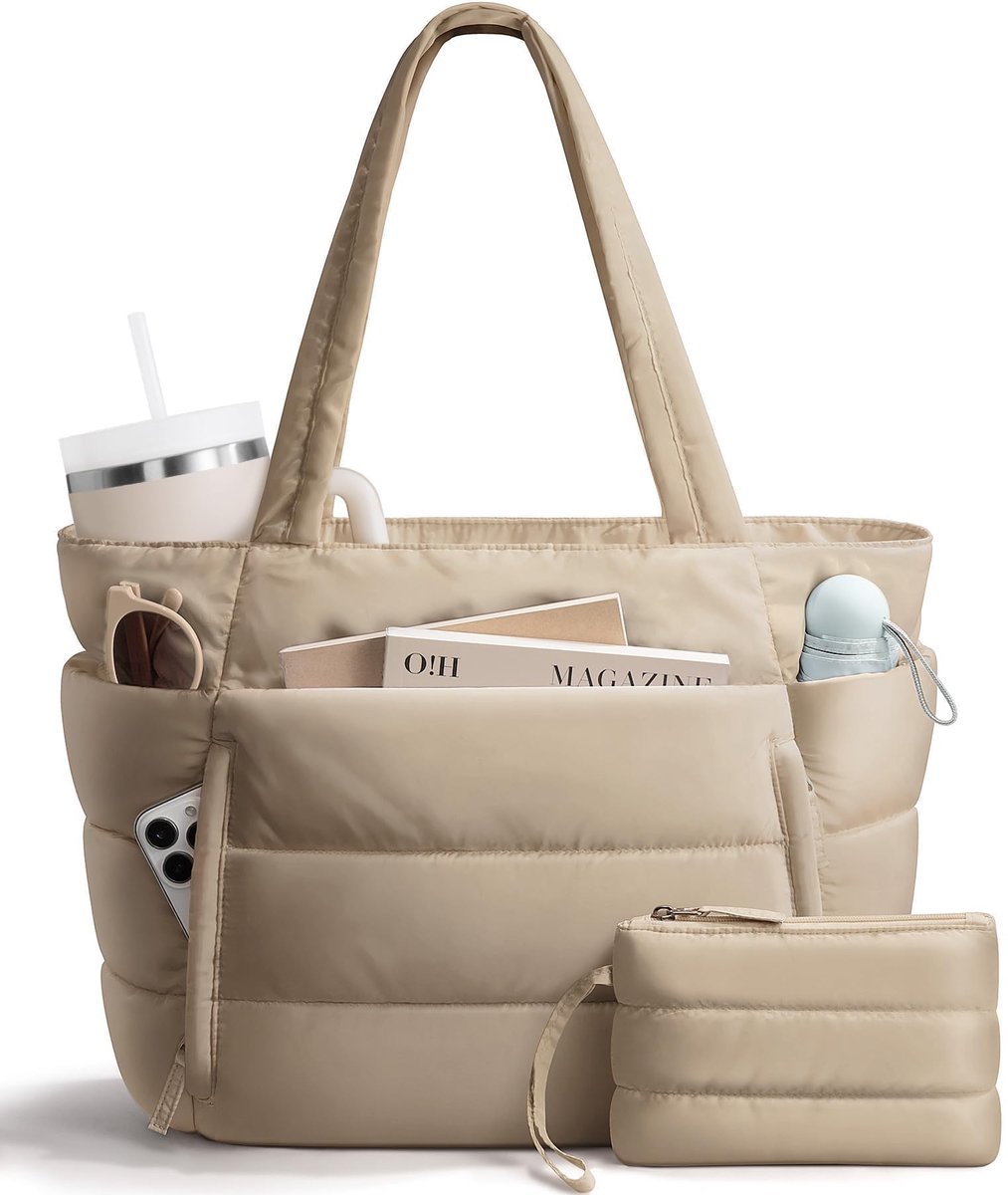 COOAU - Puffer Tote Bag voor Dames - Lichtgewicht Donzige Schouderhandtas - Met Afneembaar Klein Tasje & Handig Laptopvak - Incl. Trolley Sleeve voor Reizen - Voor Kantoor, Woon-werkverkeer & Dagelijks Gebruik - Camel