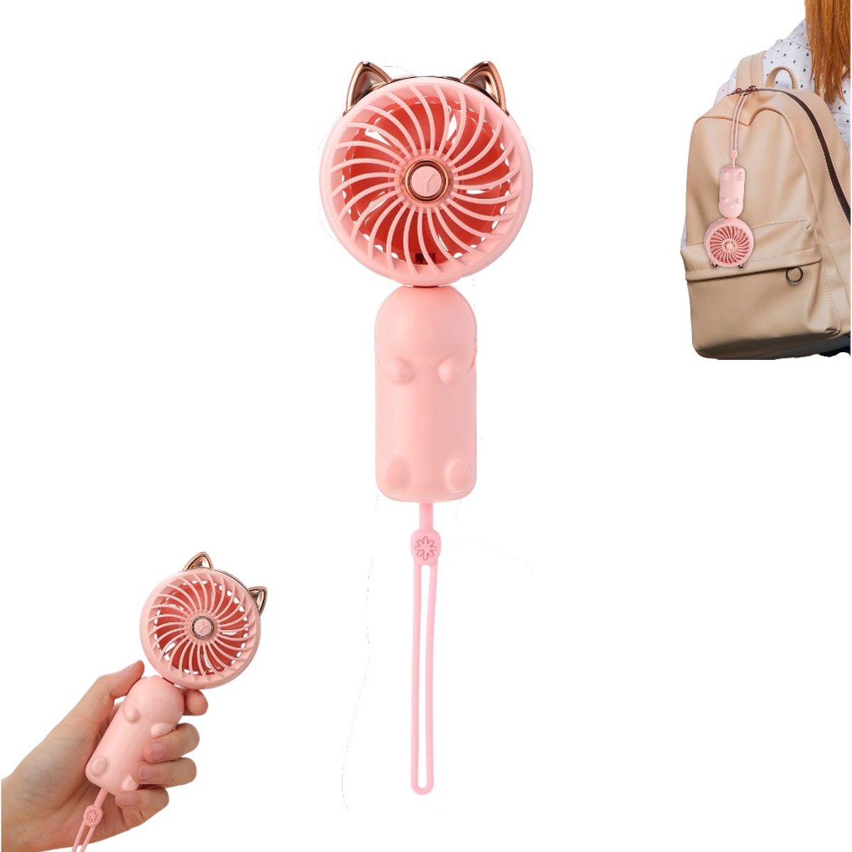 Roze handventilator - USB-oplaadbare draagbare ventilator - Drie windsnelheden - Schattig ontwerp met kattenoortjes - Geschikt voor binnen en buiten, op reis en tijdens het kamperen - 7*5*15,5 cm
