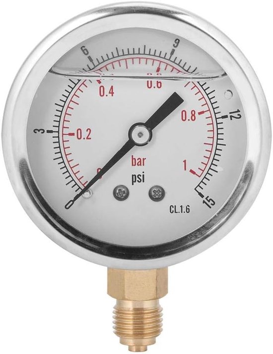 Foto: Professionele radiale drukmeter van messing en rvs 1 4 bsp vervuld met olie hoge precisie voor machinebouw en metaalbewerking