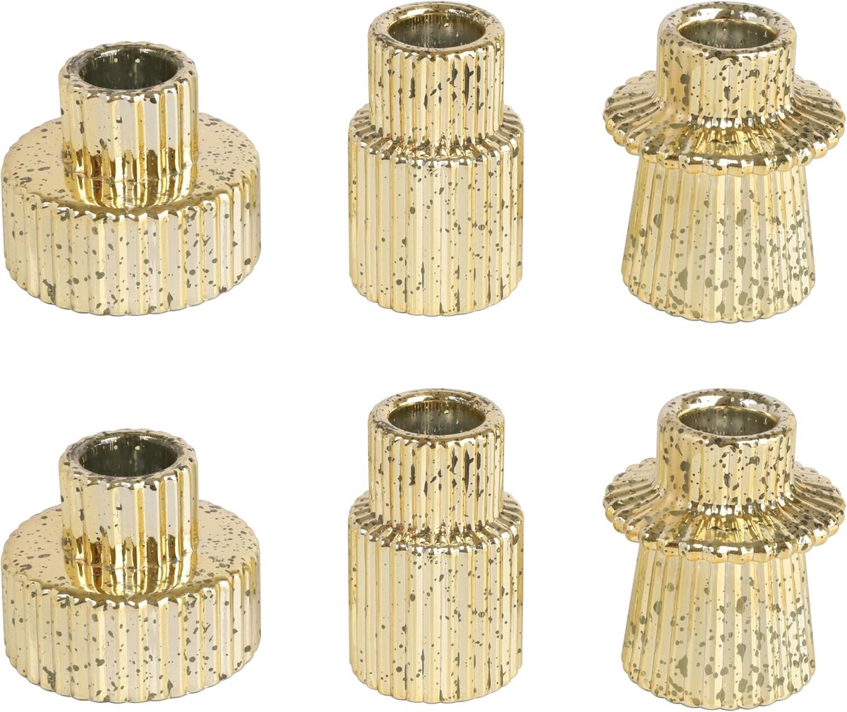Glazen kandelaar, 2-in-1, theelichthouder, kaarsenhouder, taperkaarsen voor diner, bruiloft, vakantie, verjaardag, woondecoratie, Kerstmis (6 stuks goud)