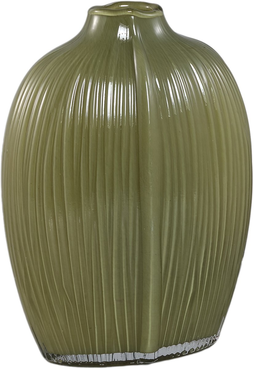 PTMD Jalisia Olive Glass Vase Oval Shape Ribbed High