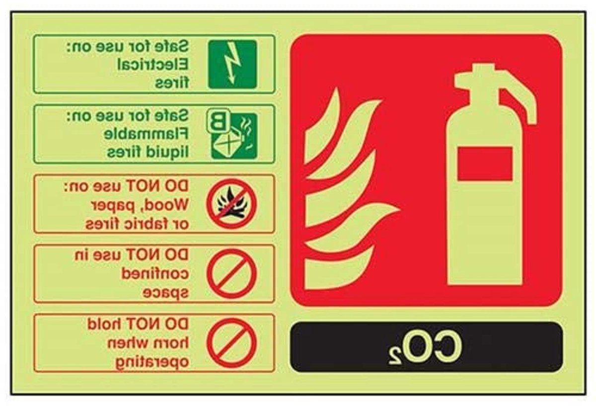 Brandblusser Bord - Veiligheidsbord CO2 - Brandveiligheid Aangeven - Zelfklevend Vinyl - 200 x 150 mm - Glow In The Dark