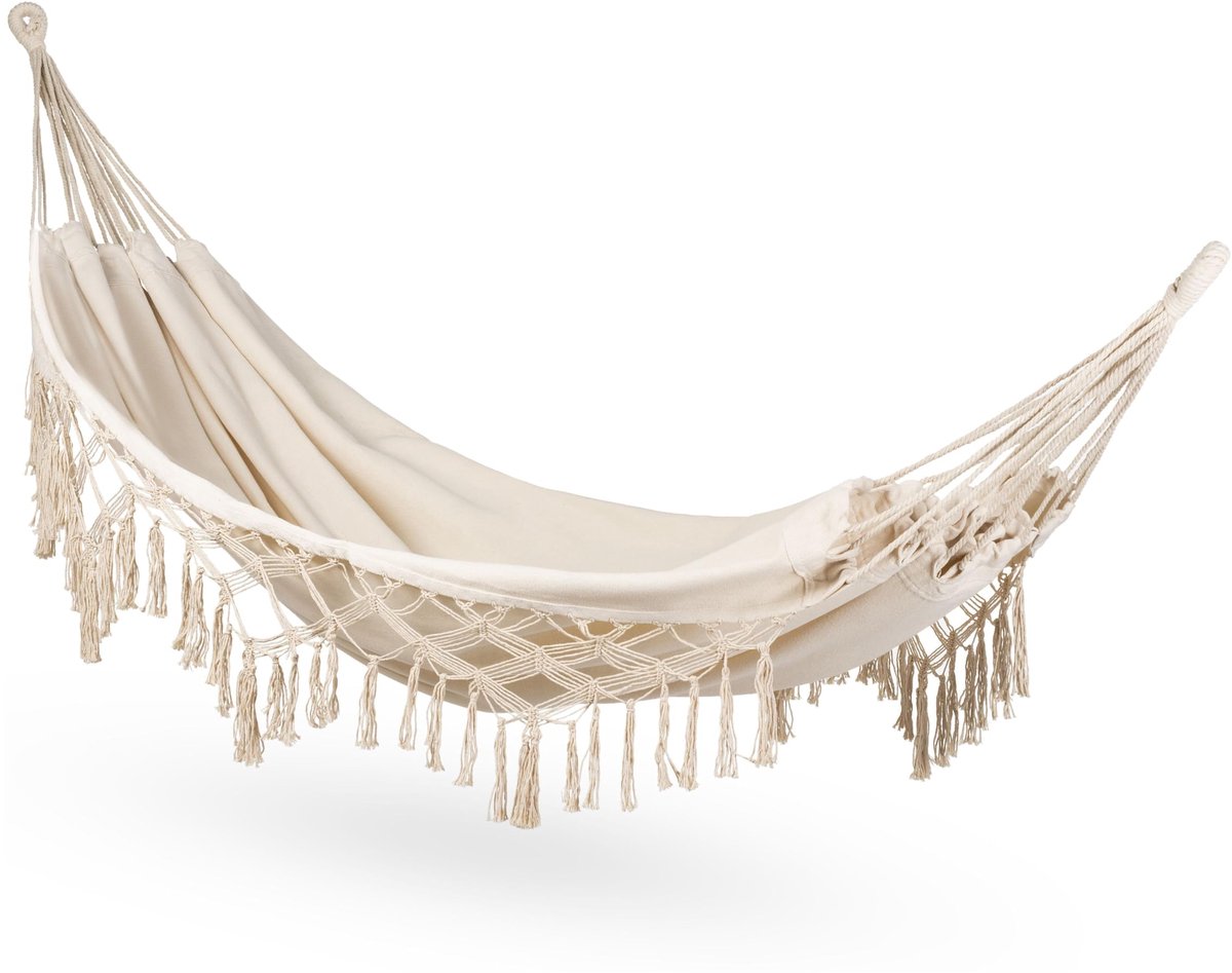 Hangmat 200 x 150 cm, tot 200 kg, outdoor dubbele hangmat voor 1-2 personen, van katoen in boho-stijl voor tuin, balkon, terras, ademende hangmat voor volwassenen, beige