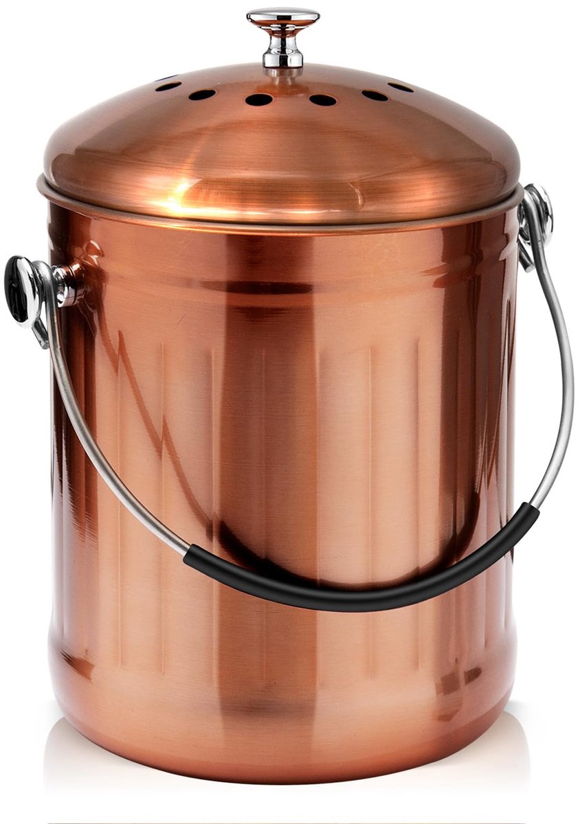Compostbak voor aanrecht in de keuken, 4,9 liter matte koperen roestvrijstalen compostemmer met deksel, geurloze voedselafvalemmer met 2 houtskoolfilters, compostemmer voor binnen met SOFT-GRIP