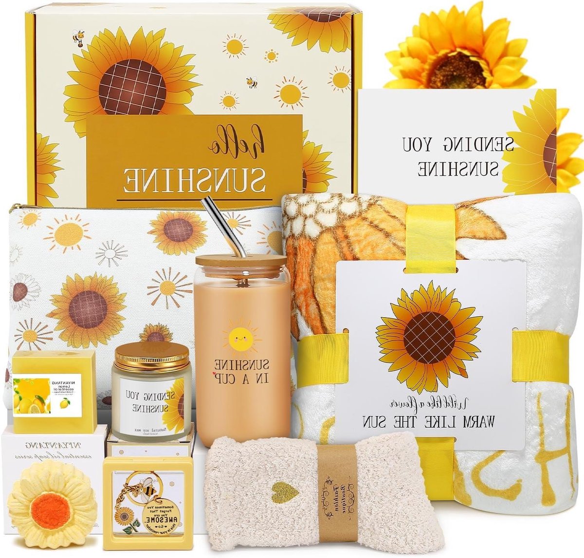 Cadeauset Vrouwen - Geschenkmand Spa - Ontspanning Thuis - Thema Zonnebloem - 99 x 150 cm - Geel