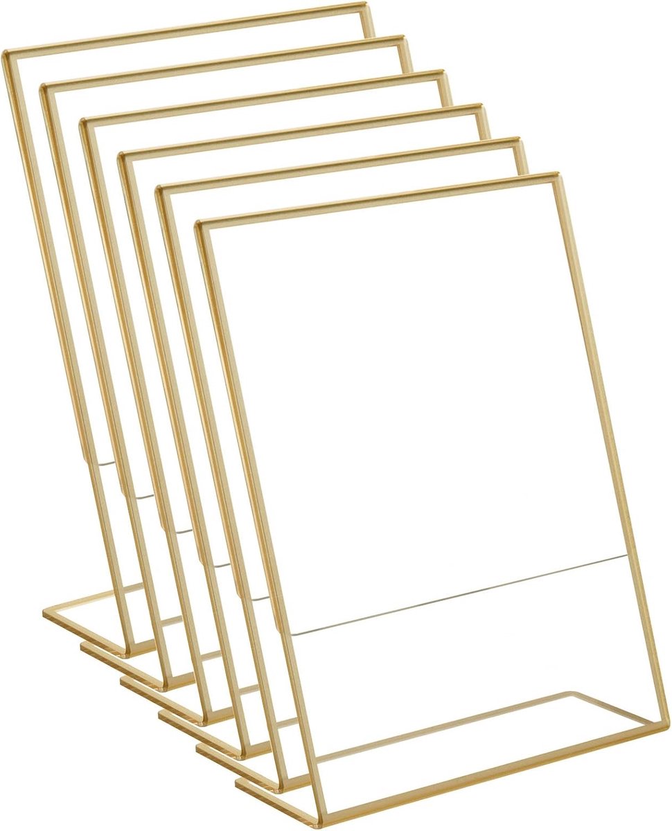 A5 Tafelstandaard schuin, 6 stuks vaatrek, A5 fotolijstjes, goud, acryl, reclamestandaard voor bruiloft, cafés, restaurants, tentoonstellingen, kantoor, 14,8 x 21,0 cm