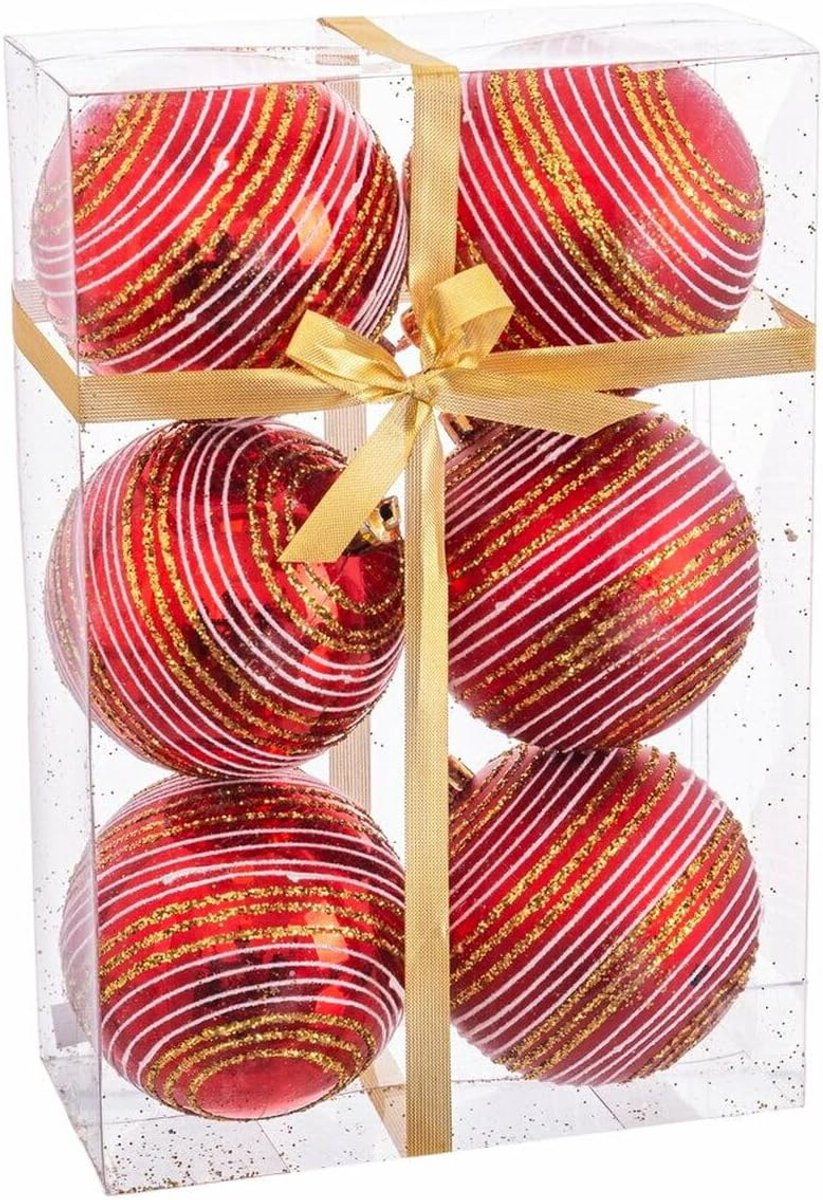 Kerstballen rood kunststof spiraal 8x8x8cm (6 stuks)