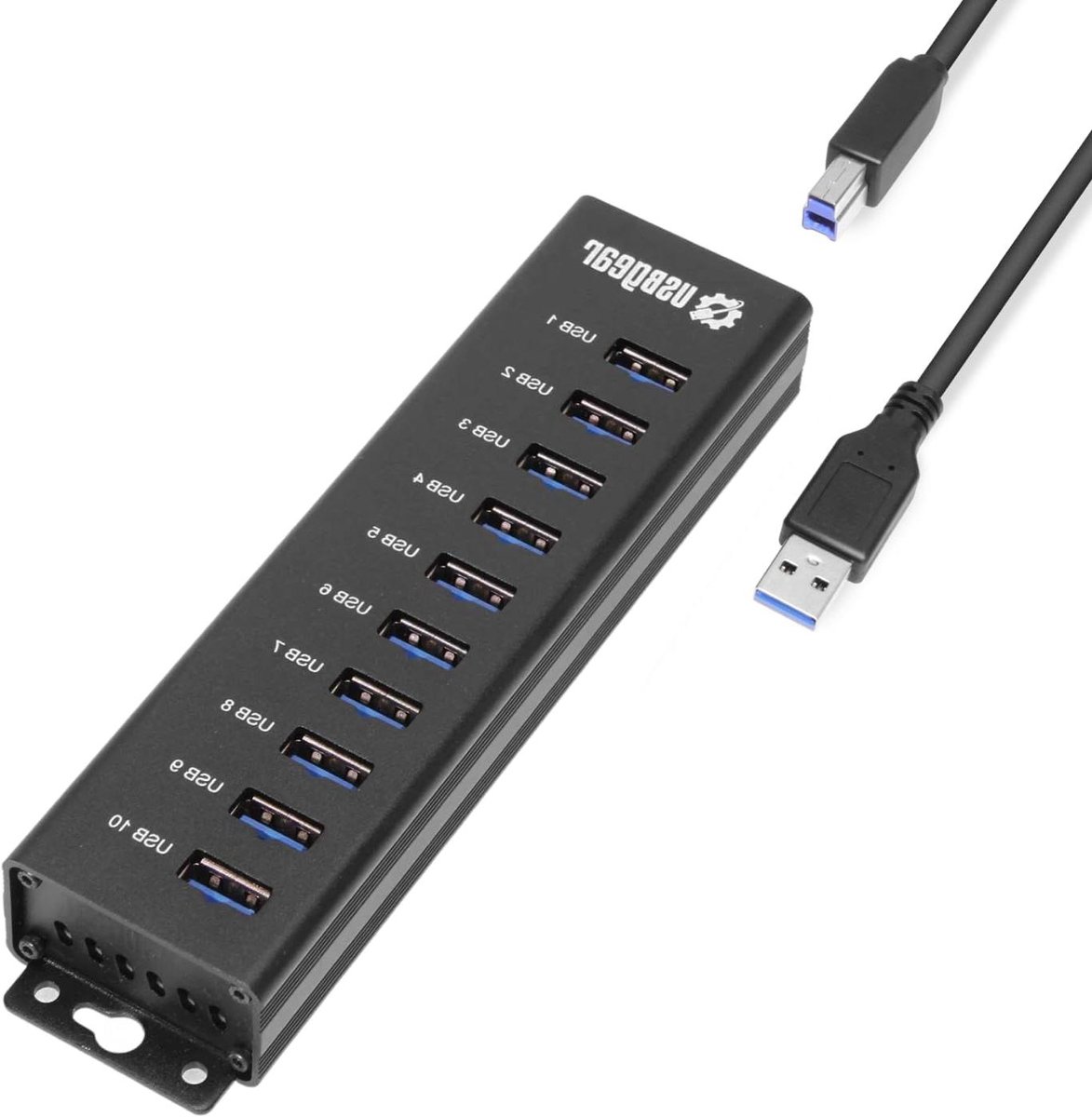 10-poorts USB Hub - Datacenter Oplader - Snelle Data Overdracht - Wandmontage Mogelijk - 15.65 cm - Zwart