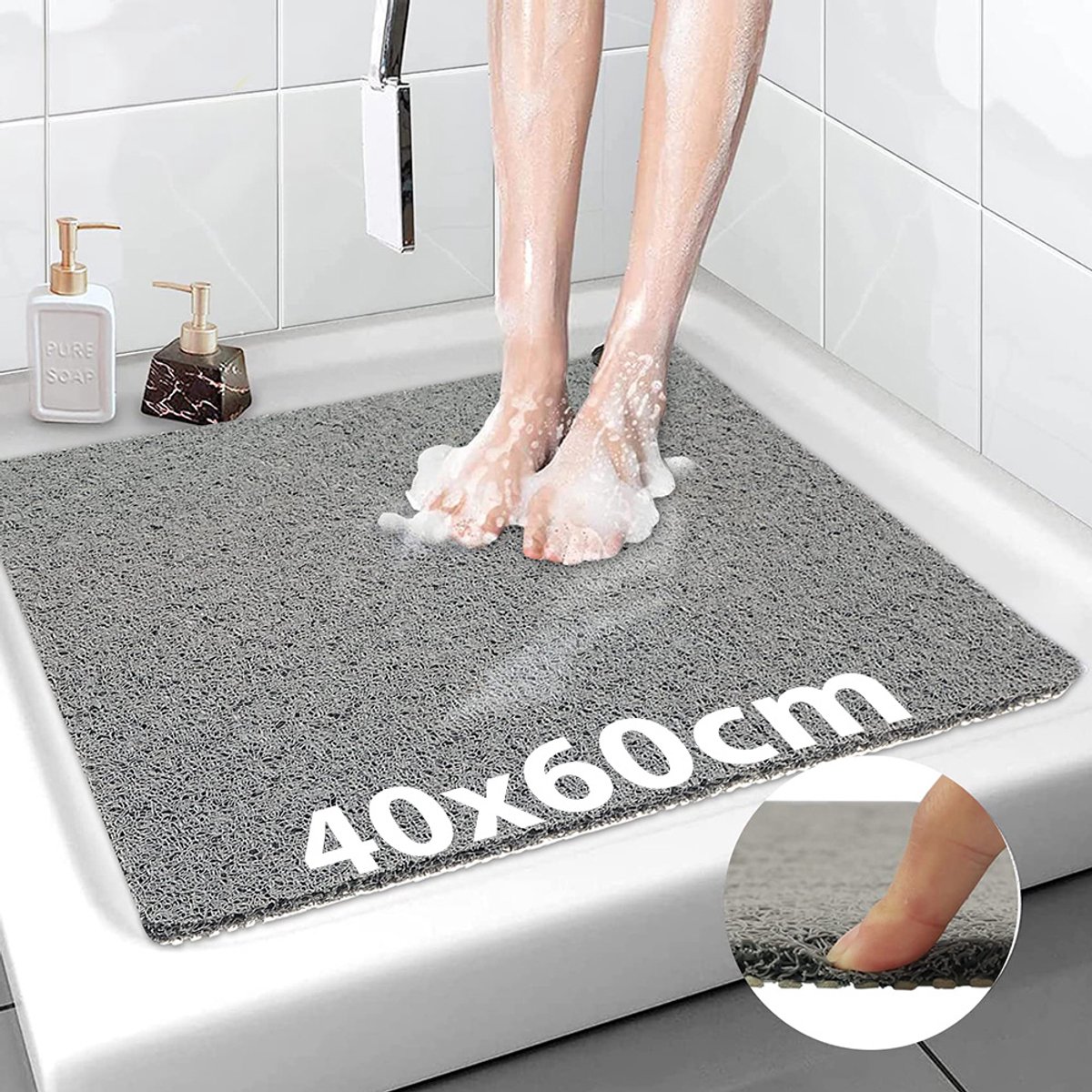Antislip douchemat – Zacht en comfortabel – Antislipmat – 40 x 60 cm – Grote mesh-onderkant – Badkamermat – Badkameraccessoires – Grijs