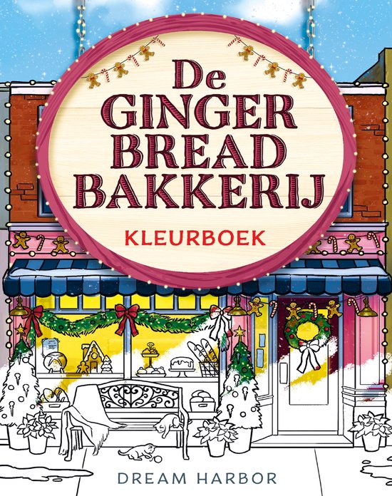 Livre de coloriage De Gingerbread Bakkerij. Façade d'une boulangerie décorée pour Noël, avec des bonshommes en pain d'épice, des sapins et un banc.