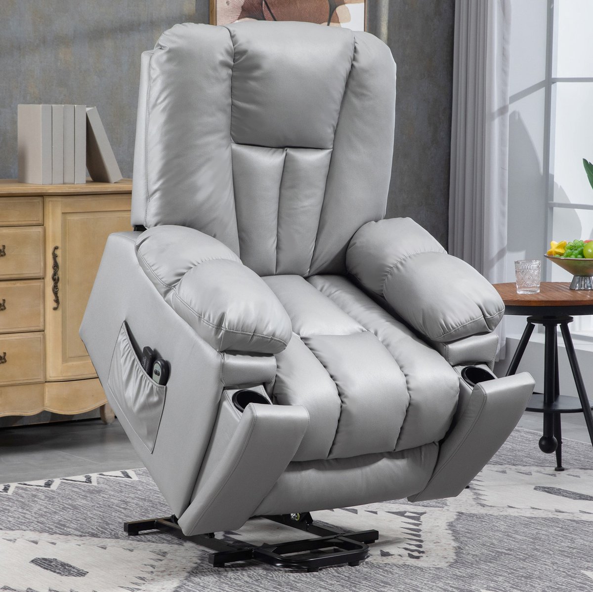 Wishdor Elektrische relaxfauteuil met sta-opfunctie - verstelbare rugleuning en massage - grijs - voor woonkamer - metaal - 94 x 96 x 106 cm Donkergrijs