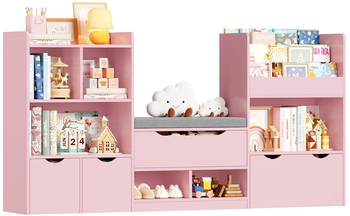 Lilac & Lily Speelgoedkast - Kinderkamer Boekenkast - Roze Opbergkast - Vakkenkast met Zitbankje - 184 x 95 x 30 cm - Roze