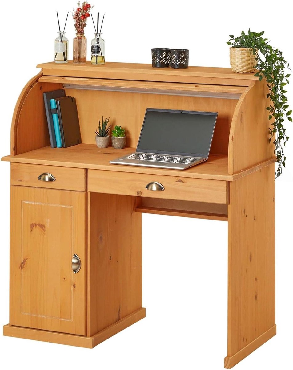 Secretaire Bureau - Schrijftafel Werktafel - Thuiswerken Organiseren - Met Rolluik - 102 x 113 x 50 cm - Bruin