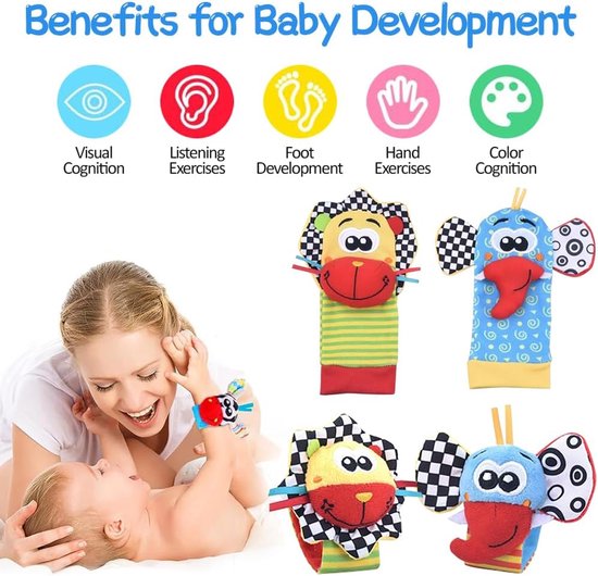 Babyspeelgoed Rammelaarsokken - Voetvinders Baby - Baby Ontwikkeling - Zachte Stoffen Materialen - 4 Stuks - Meerkleurig — afbeelding 4