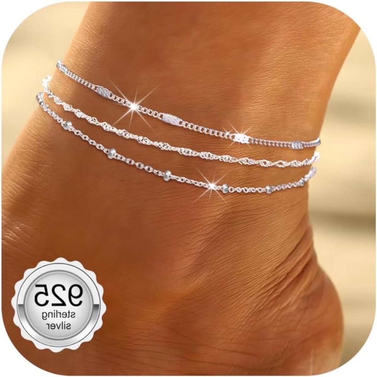 Enkelketting Sterling Zilver - Voetketting Dames - Strand Mode - Verstelbaar Ontwerp - 925 Sterling Zilver - Zilverkleurig