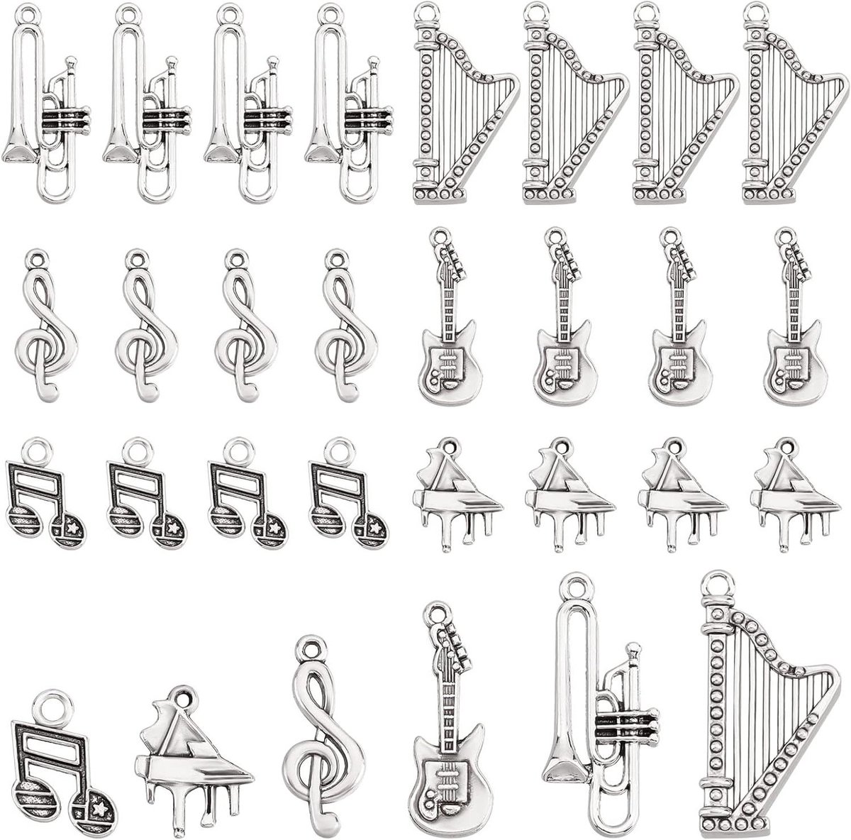 Muziek Instrument Charms - Hanger Bedels - Sieraden Maken - 6 Verschillende Stijlen - 30 Stuks - Antiek Zilver