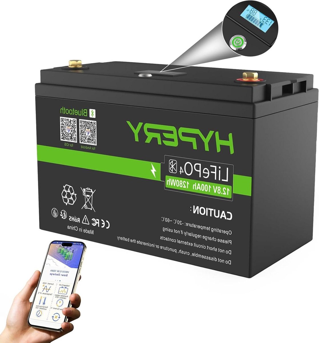 Lithium LiFePO4 Batterij - Boiler Batterij Energieopslag - Energie Opslag - Met Bluetooth en BMS - 12V 100Ah - Zwart
