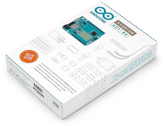 Doos van een Arduino Starter Kit R4, open met de inhoud zichtbaar, inclusief een Arduino-bord, een boek en verschillende componenten.