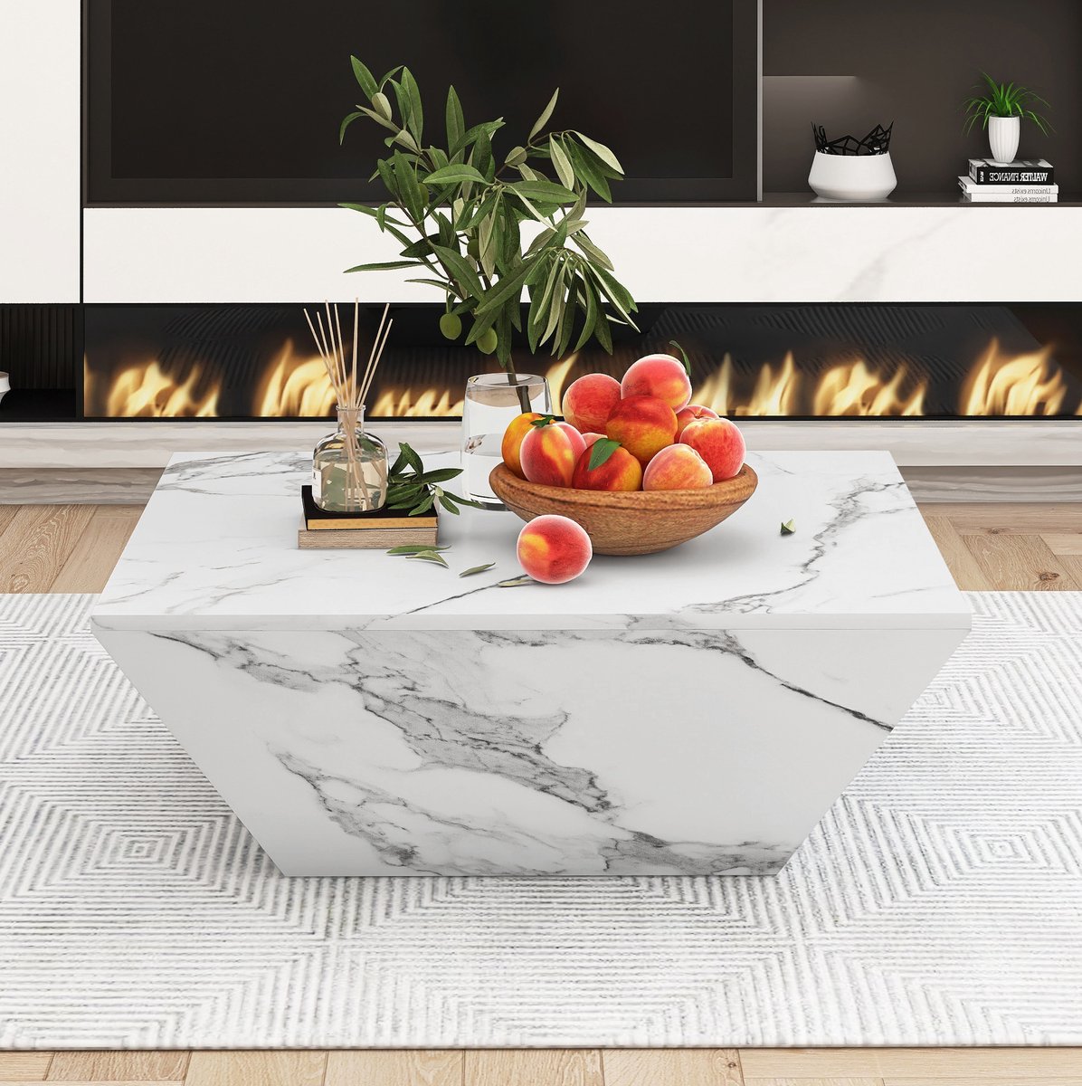 HAUSS SPOLE Salontafel - Moderne Marmerlook Met 2 Lades - Voor Woonkamer Of Slaapkamer - MDF - 70x70x37 Cm - Wit