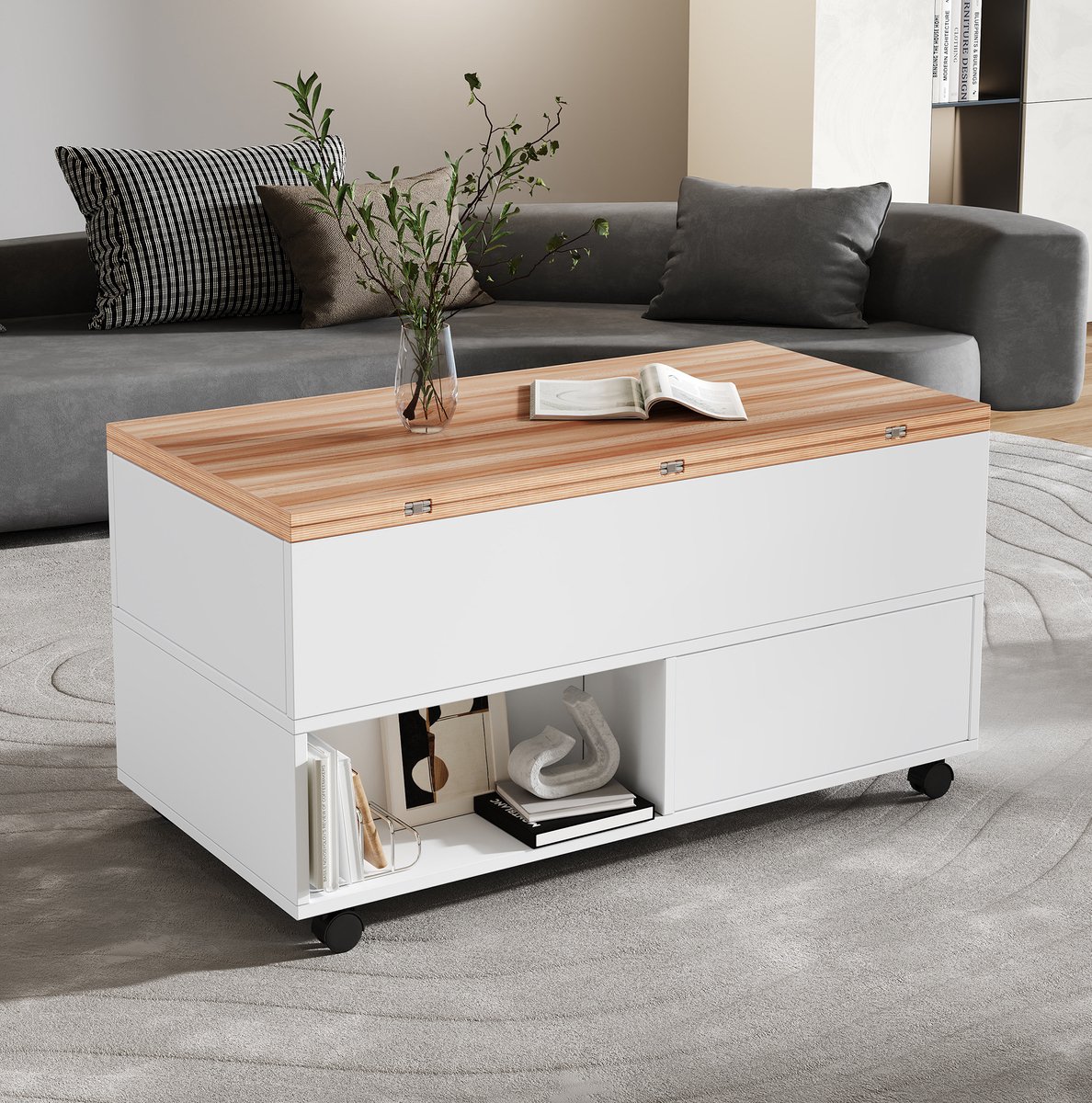 HAUSS SPOLE Salontafel - Opklapbaar En Hoogteverstelbaar Met 4 Lades En Wielen - Voor Woonkamer En Werkkamer - Spaanplaat - 100x50x52 Cm - Wit Eik