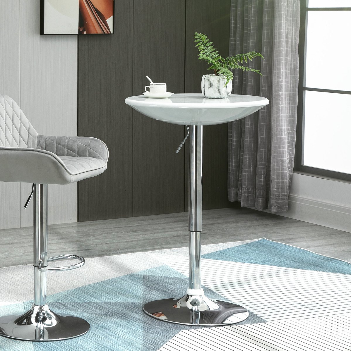 MEUNIQ Bartafel rond Ø 61 cm verstelbaar in hoogte 76-97 cm met draaibaar blad en metalen voet, witte statafel voor keuken, woonkamer, thuisbar of terras