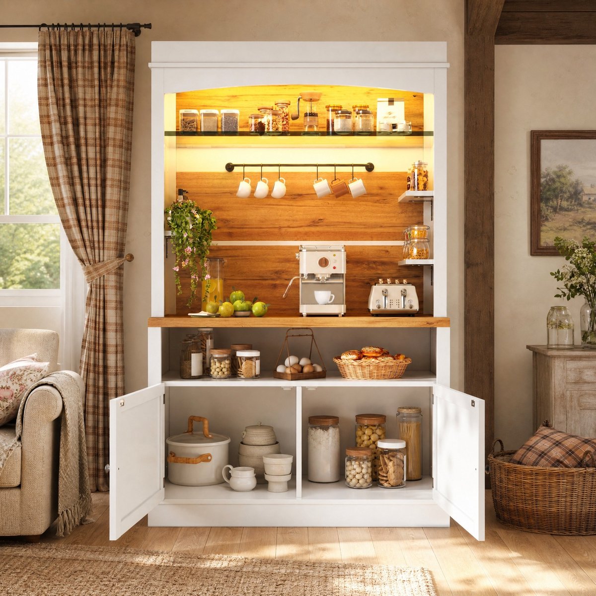 STILVORA Keukenkast - Hoge Kast Met LED-Verlichting En Glasplank - Met Hakenrail En Opbergruimte Voor Keuken En Eetkamer - MDF En Metaal - 107x34x184 Cm - Wit